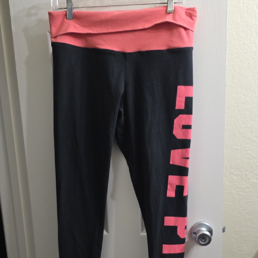 Pink Victoria's Secret Black Leggings With Pink Love Graphic Size L